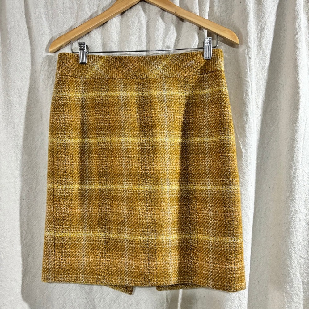 J.Crew Womens Mustard Yellow Plaid Wool Mini Skirt Y2K Tweed Size 4